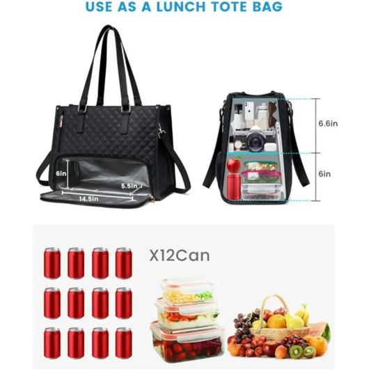 2 in 1 Lunch Tote Bag for Women Insulated Lunch Compartment 15.6 Inch Laptop Bag Large Capacity with Purse Computer Handbag