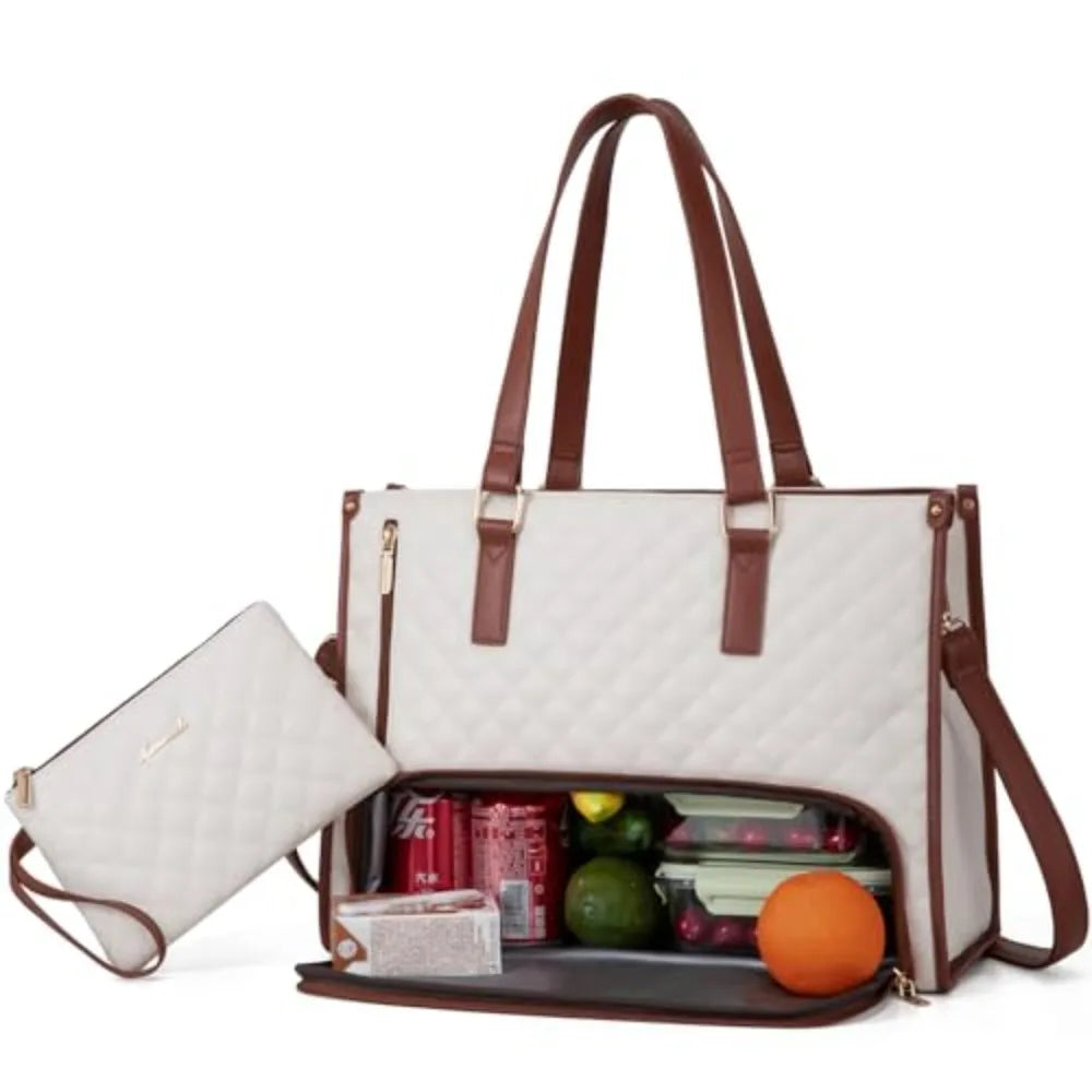 2 in 1 Lunch Tote Bag for Women Insulated Lunch Compartment 15.6 Inch Laptop Bag Large Capacity with Purse Computer Handbag