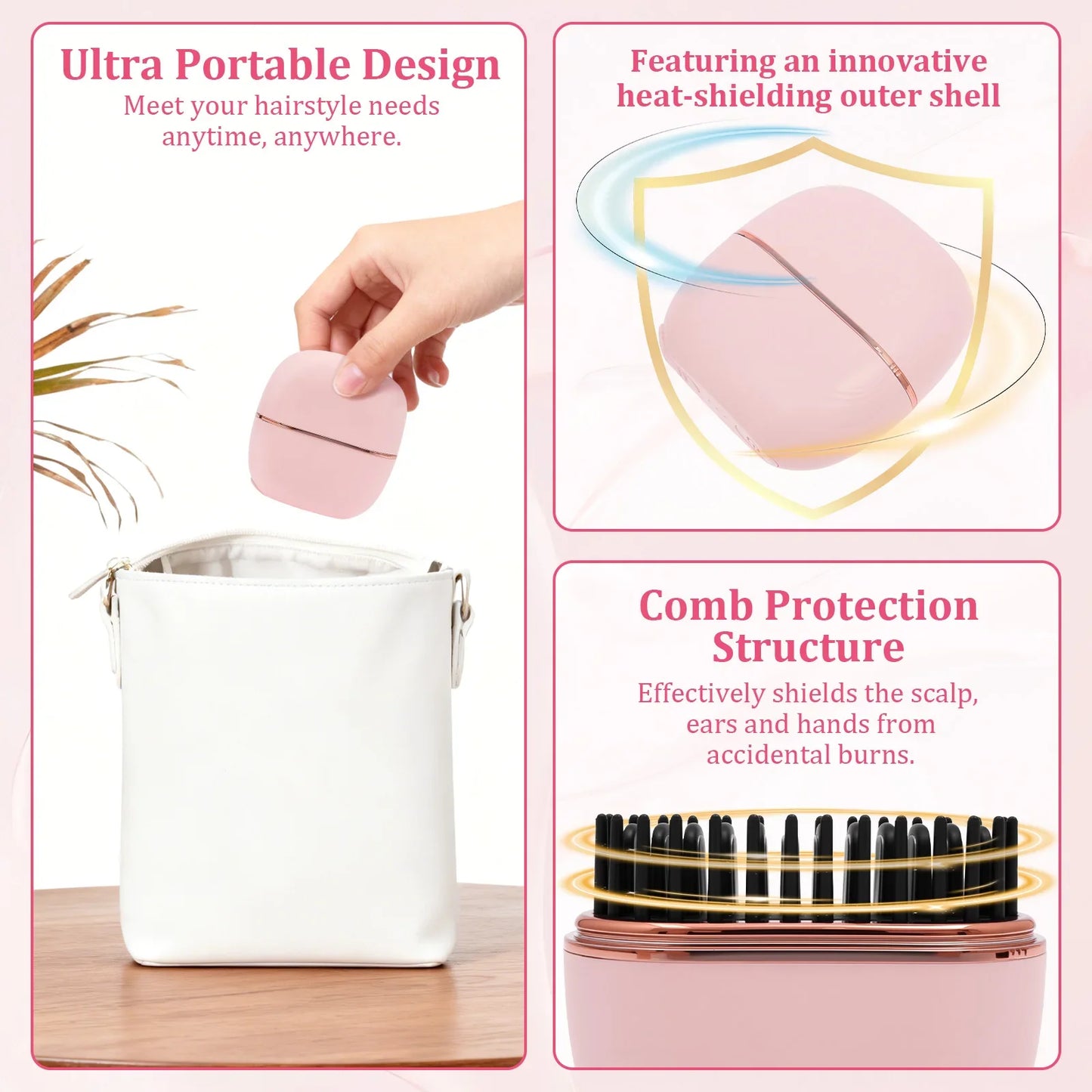 Mini Hair Straightening Comb Wireless USB Charging Portable Straightener Brush Heating Plates Comb Anti-Scald Shell