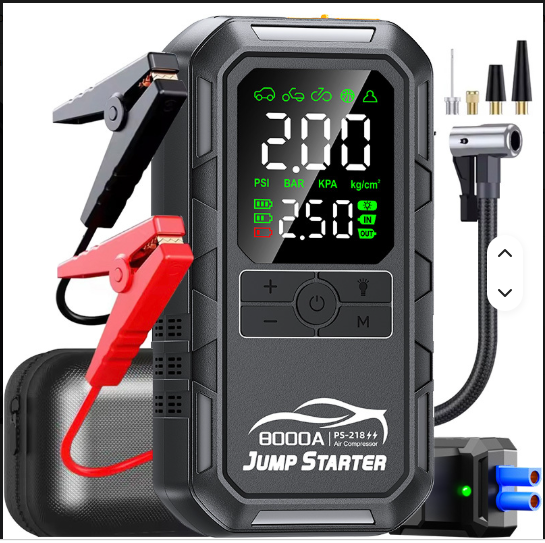 Exact unbranded 8000A PS-218+ jump starter with smart clamps, digital pressure display, air hose and adapters